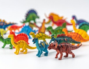 Fototapeta premium Collection of small colorful plastic dinosaur figurines in varied species and poses, arranged closely on white surface