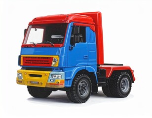 Colorful toy dump truck with blue body, yellow base, red dump bed edge, orange seats, and black treaded wheels, detailed construction vehicle design for children’s play.