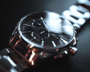 Close-up of a stylish metallic wristwatch with a dark dial and silver accents