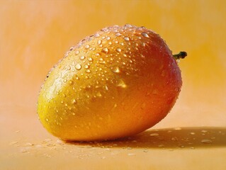 Fresh Mango with Water Droplets on Yellow Background