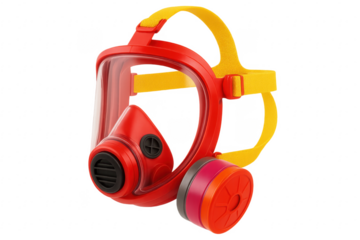 Red respirator mask with transparent visor and colorful filters on transparent background