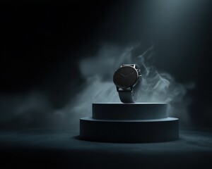 Elegant Wristwatch Presented on a Dramatic Display with Wisps of Smoke
