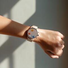 Close up of a person's wrist wearing a modern smart watch with a colorful display