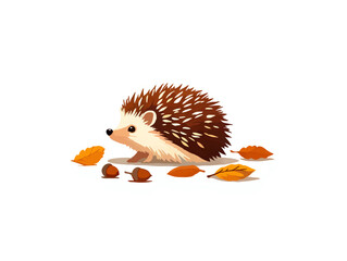 Hedgehog Walks Among Acorns and Autumn Leaves

