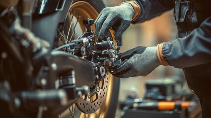 Medium shot showing a technician inspecting motorcycle brake components using diagnostic tools the bike and hands sharply in focus with blurred background equipment.