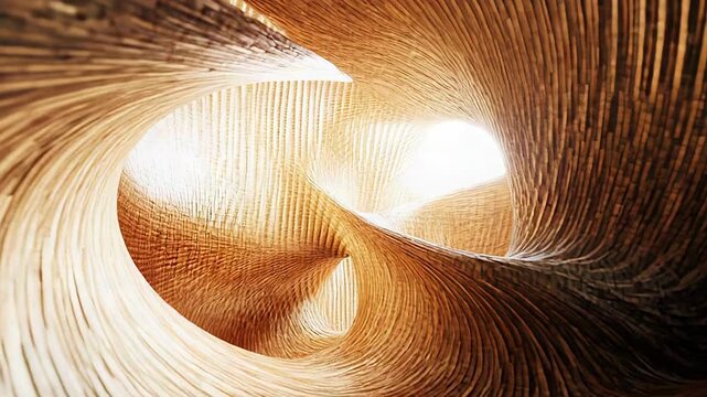 Wooden parametric interior spiraling into a bright light source
