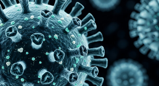 Microscopic view of a contagious virus particle with intricate surface details and smaller viral agents