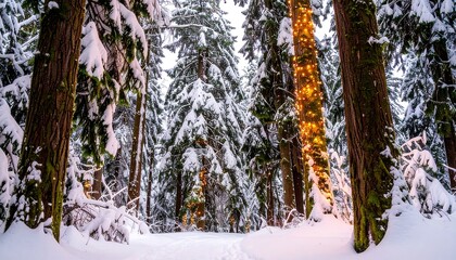 Fototapeta premium Snowy forest path illuminated by warm lights