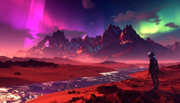 Astronaut on alien planet with mountains, river, and colorful sky.