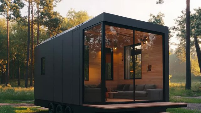 Modern tiny house trailer in a forest setting during golden hour
