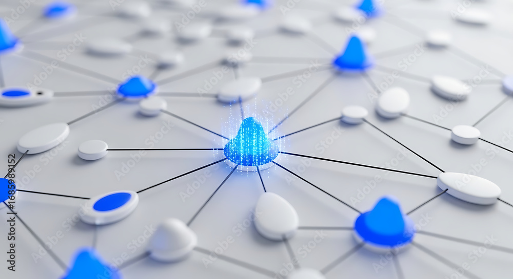 Wall mural dynamic network connection glowing with digital data streams connecting abstract nodes