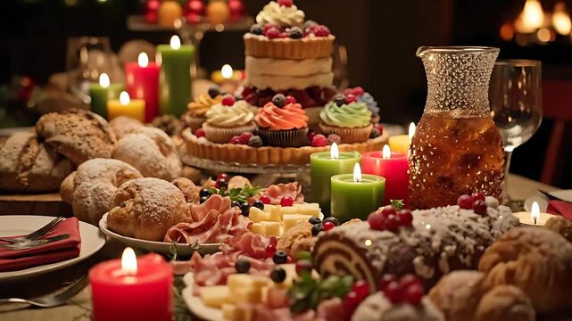 Abundant holiday feast with a dessert tower, charcuterie, and bread on a festive, candlelit table