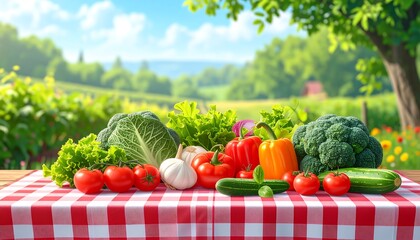 A vibrant still life of fresh vegetables on a red and white checkered tablecloth, set outdoors