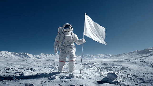 Astronaut standing on a lunar landscape, holding a white flag against a clear blue sky