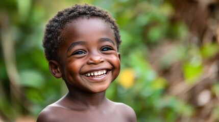 Close-up of a young boy smiling brightly with joyful expression and space for text on the side