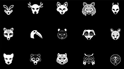 Fototapeta premium Monochrome collection of stylized animal head icons and masks.