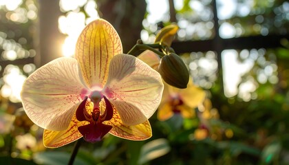 Golden orchid in sunlit greenhouse