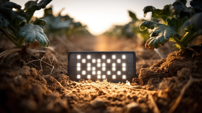 Medium shot of a solarpowered soil sensor panel glowing in sunlight focused with surrounding soil and roots blurred highlighting renewable energy use in plant health tracking.