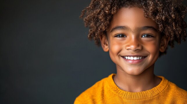 Delightful closeup portrait of a joyful young african american boy with curly hair and bright smile - Powered by Adobe