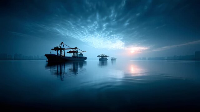 City Skyline Under Silhouette of Port Freighter