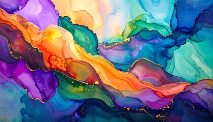 Abstract fluid art with vibrant colors and gold accents