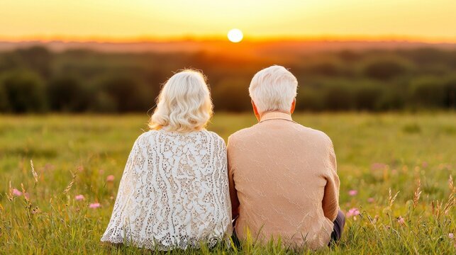 Serene senior couple sitting together in a beautiful meadow enjoying the peace of nature around them