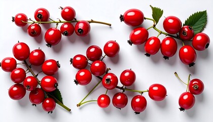 Bright red berries arranged on white background