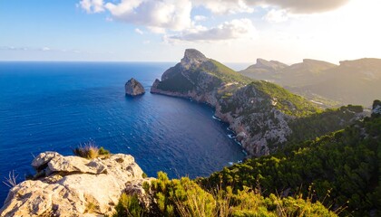 Coastal vista showcasing a rugged mountain range, glistening blue sea, and a clear sky