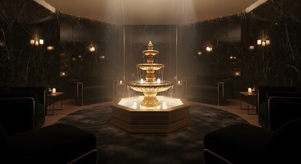 Luxurious spa interior with a golden fountain, surrounded by candles and plush seating.