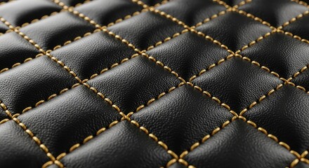 Luxurious black leather with intricate gold stitching, diamond pattern, close-up texture.
