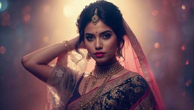 Enigmatic Gaze of a Woman in a Sari, Veiled in Ethereal Golden Bokeh Light.
