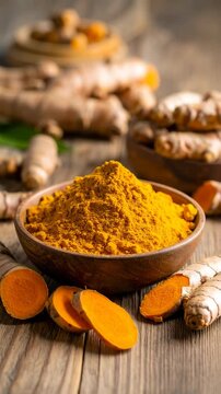 Aromatic turmeric powder overflowing a small wooden bowl with fresh turmeric roots and slices on rustic wooden surface in warm light.