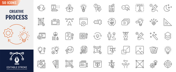 Creative Process Icon set. Containing tools, imagination, areas of creative activity, and more. Vector illustration