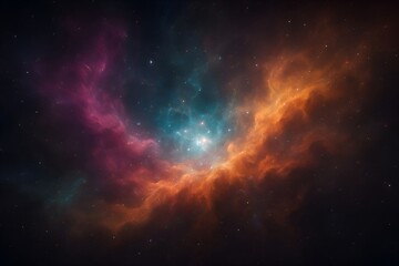 Fototapeta premium Cosmic nebula cloud in deep space glowing with magenta, teal, and golden orange, bright star cluster at center with swirling gas patterns, stunning abstract space background