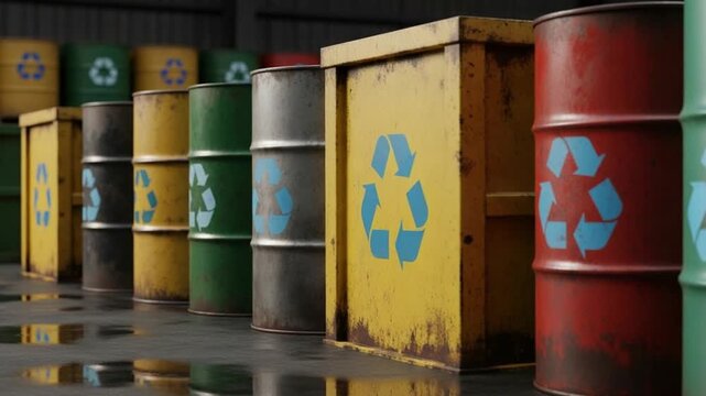 A row of colorful recycling bins and barrels with the recycling symbol in an industrial setting area