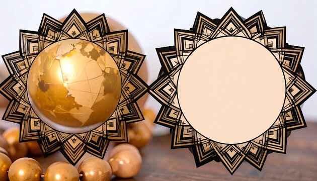 Ornate gold globe framed by intricate geometric patterns, creating a visually appealing design with empty space for customization.