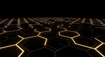 Glowing golden hexagons receding into darkness, creating a futuristic, abstract pattern.