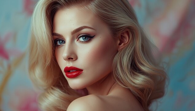 Timeless Hollywood Glamour - Alluring Blonde with Bold Red Lips and a Captivating Gaze.