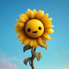 Cute 3D Sunflower with Smiling Face Cartoon Style