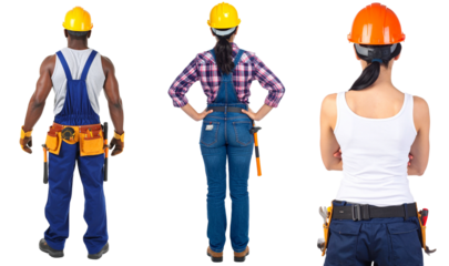 Diverse Construction Workers Standing Together in Uniform with Transparent Background