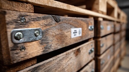 Closeup medium view of humidity sensors installed on wooden crates capturing condensation control with the wood grain clearly visible and surroundings softly blurred.