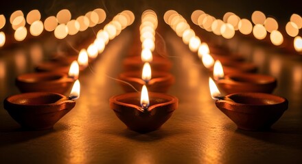 Rows of illuminated clay diyas with flickering flames create a warm, festive glow, symbolizing celebration and tradition.