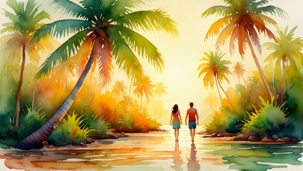 Couple Walking on Tropical Beach Watercolor Painting