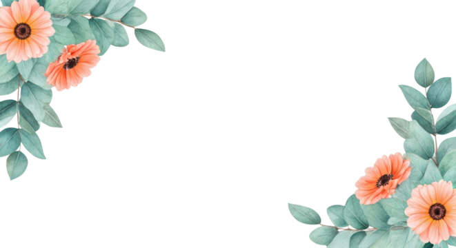 Watercolor Floral Corner Design with Orange Gerbera Daisies and Green Leaves on Transparent Background