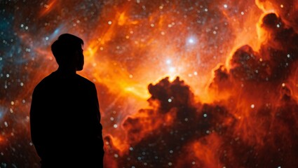 Man Silhouetted Against Cosmic Nebula Background