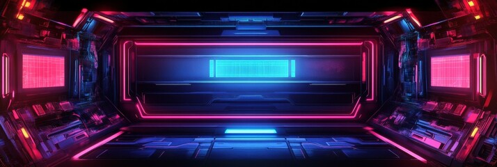 Obraz premium Futuristic neon corridor with glowing lights in vibrant colors creating a sci-fi atmosphere during nighttime