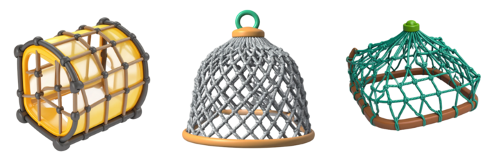 Collection Of Three Different Net Cages In Various Colors With Transparent Background