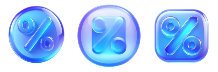 Three Blue Percent Sign Icons In Various Shapes With Transparent Background
