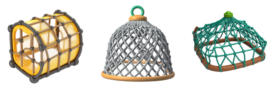Collection Of Three Different Net Cages In Various Colors With Transparent Background