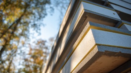 A closeup of the finished prefab panels stacked vertically outdoors with sunlight casting shadows emphasizing their lightweight construction and ability to blend into natural settings.